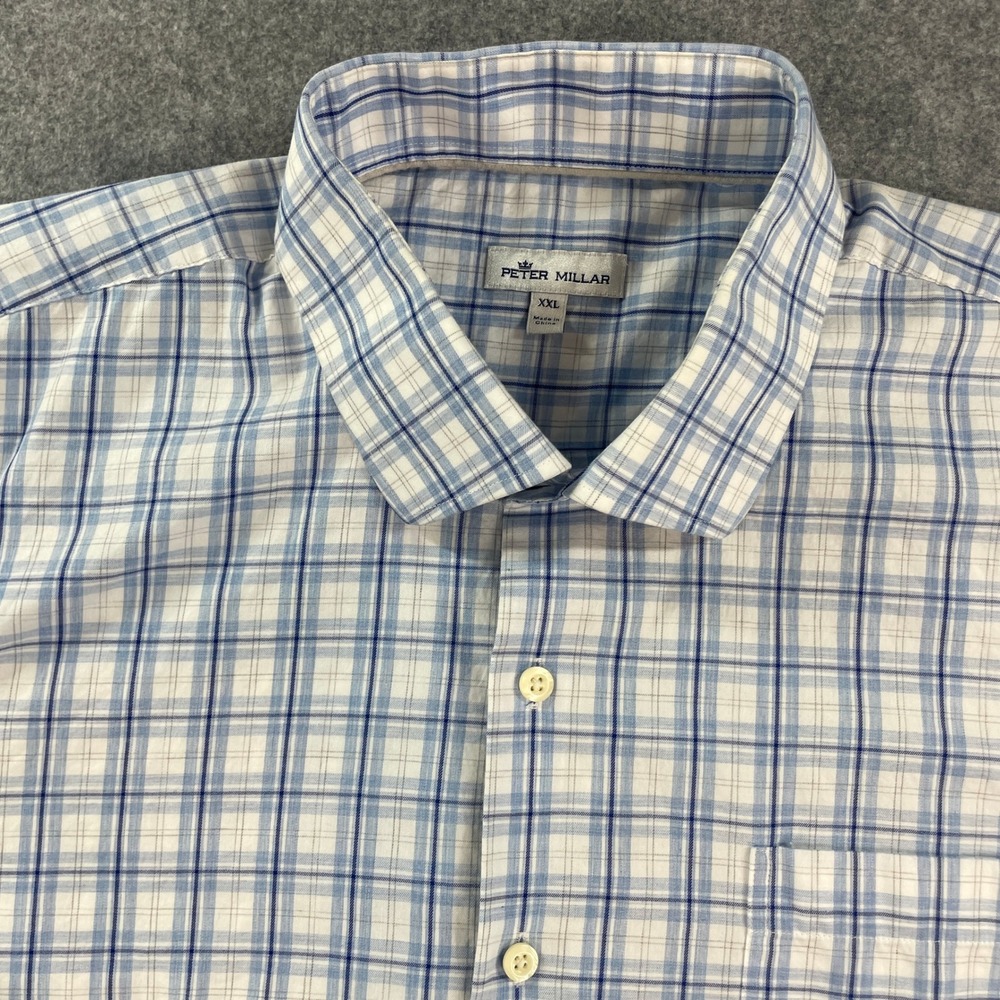Peter Millar Mens Button Down Shirt XXL Blue Plaid Long Sleeve Up Comfort Golf